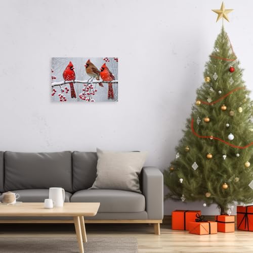 Christmas Cardinal Canvas Wall Art - Red Bird Winter Scene, 16x24 Inches, White Frame