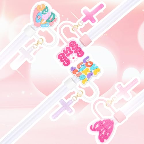 10mm Straw Toppers Set, Pink Jenus Faith Straw Covers Cap with Clip-on Cross Charms for 30oz 40 0z Stanley Tumblers, Cute and Bling Modern Simple Tips Stanley Accessories