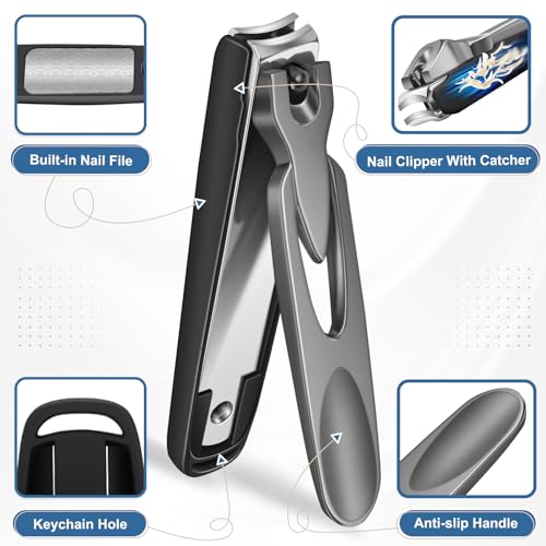 FULUNS Heavy Duty Nail Clippers Set with Catcher and Slanted Blade for Thick Nails