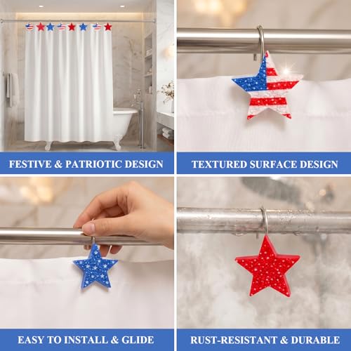 Auconda Patriotic Star Shower Curtain Hooks - Rustproof Heavy-Duty Metal S-Hooks