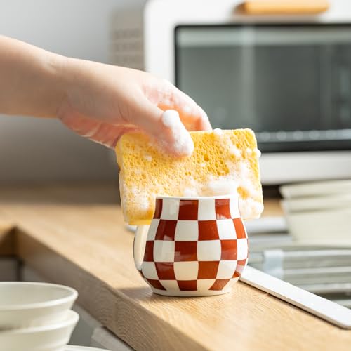 Zoeeker Ceramic Sponge Holder, Checkered Barrel-Style Sink Caddy (Brown & White)