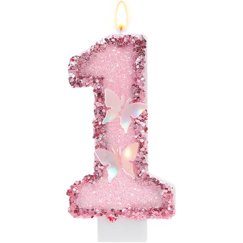 LASILE Pink Butterfly Number 1 Birthday Candle with Glitter Sequins, Cake Topper & Cupcake Decoration
