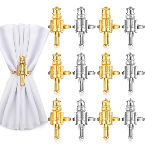 12 Pcs Christmas Nutcracker Napkin Rings - Gold & Silver Metal Holiday Table Decor