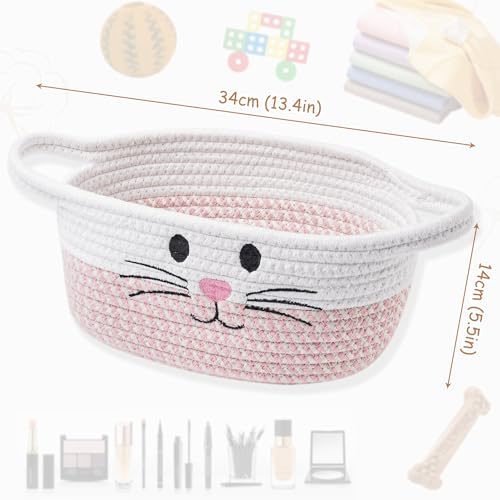 STOBSK Small Woven Cotton Storage Basket with Handle - Pink Nursery Organizer