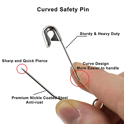 Curved Safety Pins - 100pcs Silver Nickel-Plated Steel for Quilting