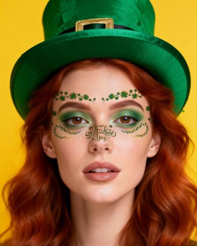 St. Patrick's Day Face Tattoos - 18pcs Green Shamrock Glitter Stickers