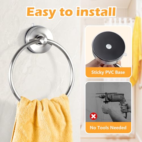 YOHOM Silver Suction Cup Towel Ring - No Drill Bathroom Hand Towel Holder