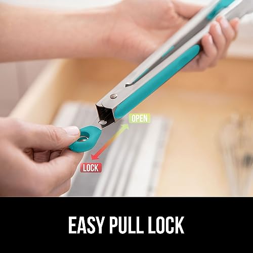 GORILLA GRIP Stainless Steel Kitchen Tongs, 9" & 12" Set, Turquoise