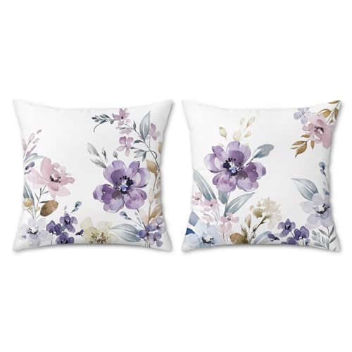 Bonhause Watercolor Floral Throw Pillow Covers - Set of 2, 18x18 Inch