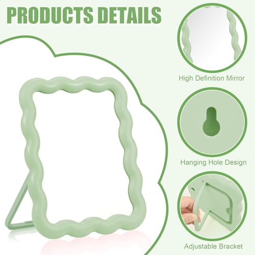 Green Wave-Shaped Adjustable Desk Mirror with Tweezer - Portable Makeup Mirror