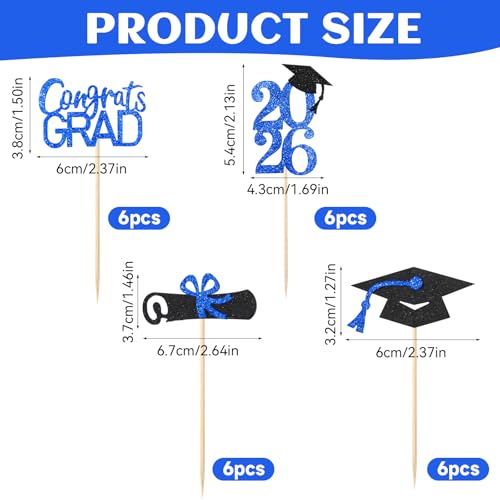 Class of 2026 Graduation Cupcake Toppers Blue Glitter 24 Pack