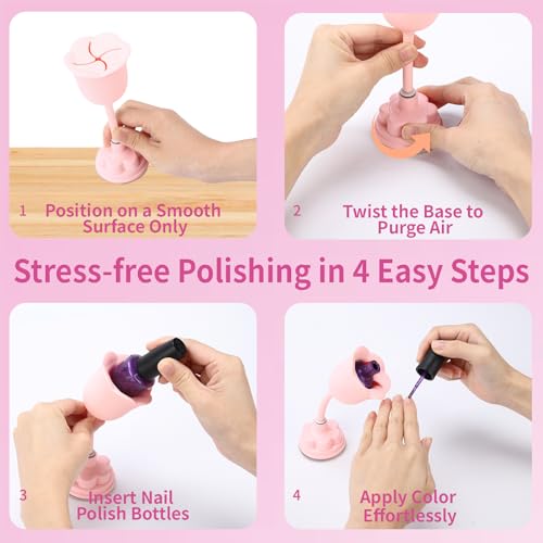 Pink Rose-Shaped Nail Polish Bottle Holder with 360° Rotating Stem and Strong Suction