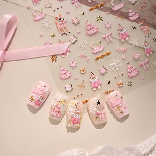 Pink Christmas 5D Embossed Nail Art Stickers Decals - Xmas Tree Snowflake Bear