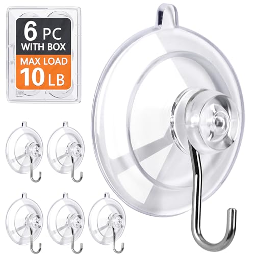 KORCCI Suction Cup Hooks 6-Pack - 10LB Max Load, Clear & Removable