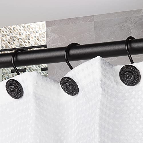 Black Shower Curtain Hooks - Rust Proof Decorative Rings, 12Pcs