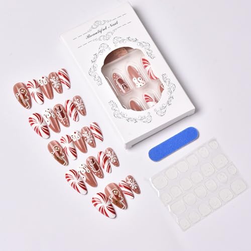 Christmas Press on Nails Medium Almond Fake Nails with Elk and Snowflake