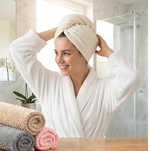 Microfiber Hair Towel Wrap for Wet Hair - Super Absorbent Turban (Beige)