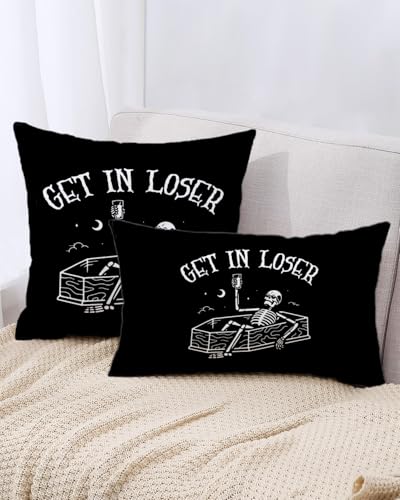 Black Skull Halloween Pillow Cover 18x18, Funny Gothic Skeleton Decor