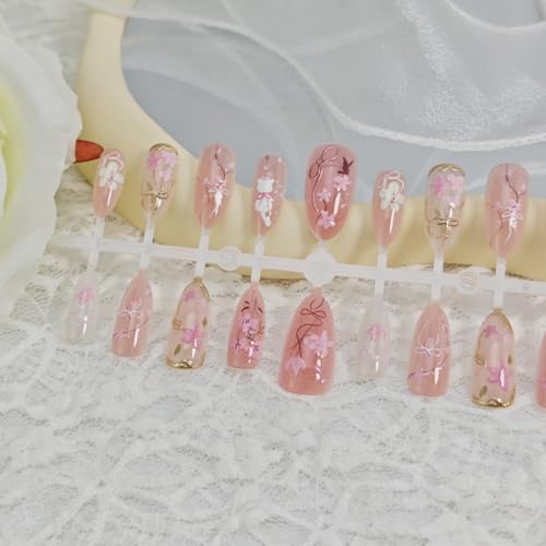 Pink Almond Press on Nails with Cherry Blossom and Bow Design