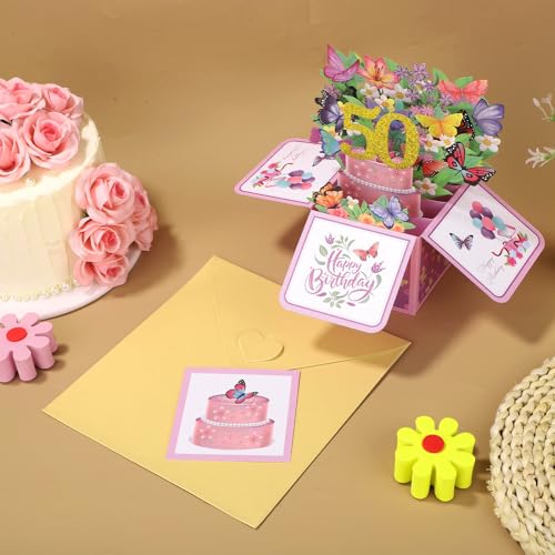 50th Birthday Pop-Up Card with Envelope - 3D Floral Butterfly Design