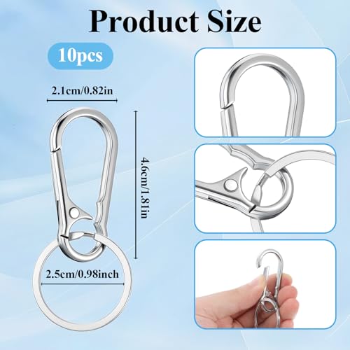10 Packs Metal Keychain Carabiner Clip, Stainless Steel Heavy Duty Key Chain, Keyring Key Ring Chain Clips Hook Holder Key Organizer for Men Women,Silver