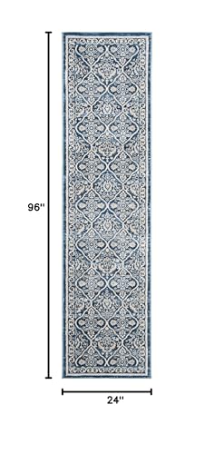 SAFAVIEH Brentwood Collection 2' x 8' Navy / Light Grey BNT870M Oriental Damask Trellis Non-Shedding Living Room Entryway Foyer Hallway Bedroom Runner Rug