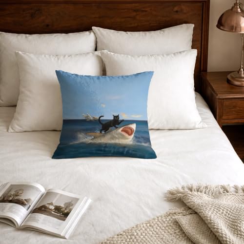 Funny Black Cat & Shark Pillow Cover 18x18 - Quirky White Cat Design
