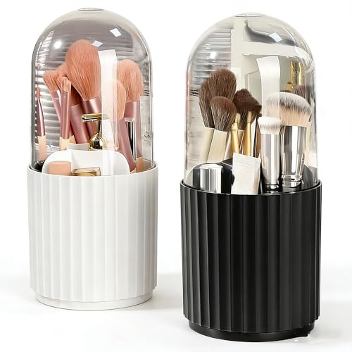 Ariettie 360° Rotating Makeup Brush Organizer with Lid - White