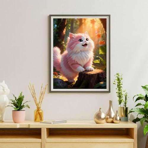 NebuIuxe 5D Diamond Painting Kit - Fluffy Pink Cat Fantasy Forest 12 x 16