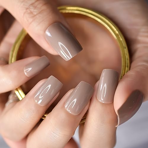 IKISKT Glossy Light Brown Press On Nails Square Fake Nails 24 Pcs