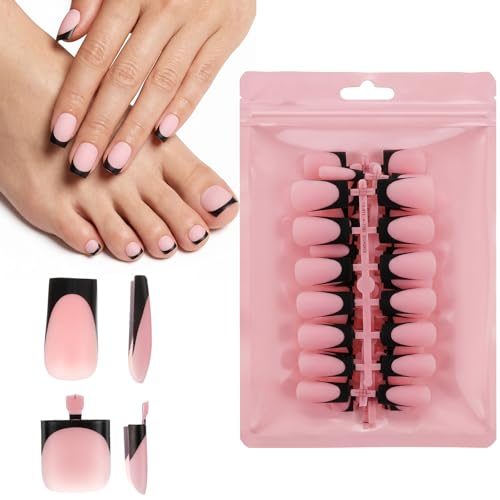 Ouligay 60PCS Black French Tip Press on Nails & Toenails Medium Square