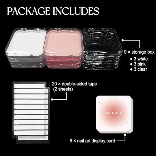 Qsnidy Press On Nail Storage Box Set - 9 Pcs in Clear, White & Pink