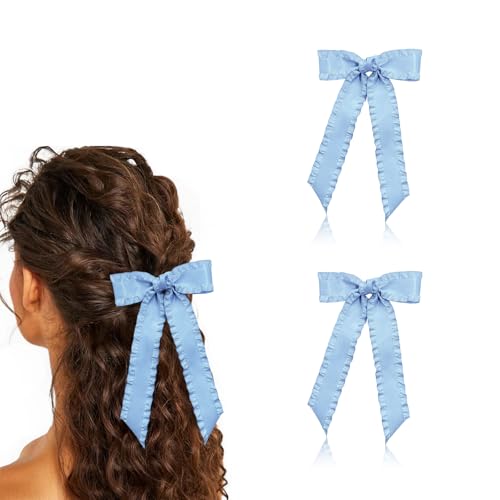 Light Blue Satin Hair Bows 2-Pack, 5.5 Inch Large Ribbon Clips