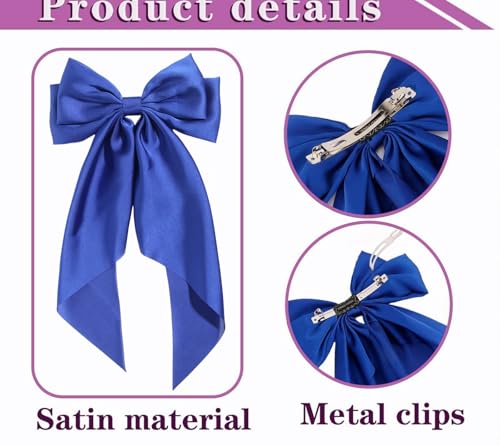 Dladhict Royal Blue Satin Hair Bow Clip, Large Long Ribbon Hair Barrette