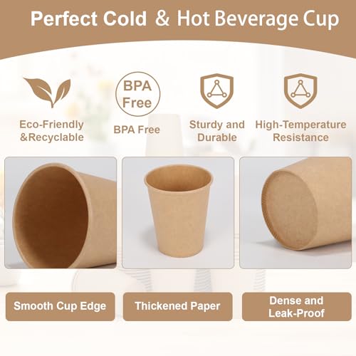 Walasaso 100 Pack 8 Oz Disposable Paper Coffee Cups - Leak Resistant & Durable