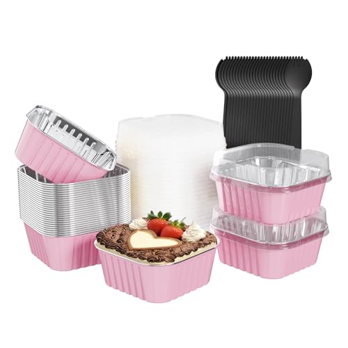 25 Pack Mini Cake Pans with Lids - Disposable Aluminum Foil Baking Cups, 5oz