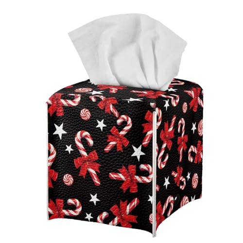 Doginthehole Red Candy Cane Tissue Box Cover PU Leather Square Holder with Belt Bottom, Christmas Decor