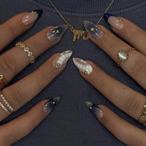 Bohemian Medium Almond Press on Nails Navy Nude Ombre False Nails Kit