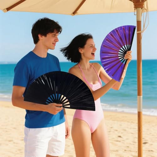Large Folding Hand Fan for Raves, Music Festivals & Line Dancing, Black