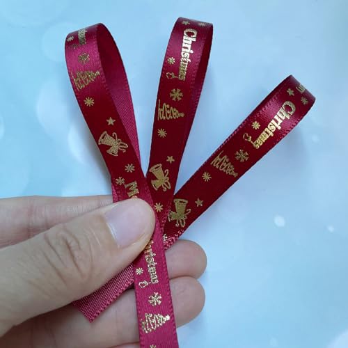 50 Yards Satin Christmas Ribbon with Bells & Snowflakes - Wine Red
