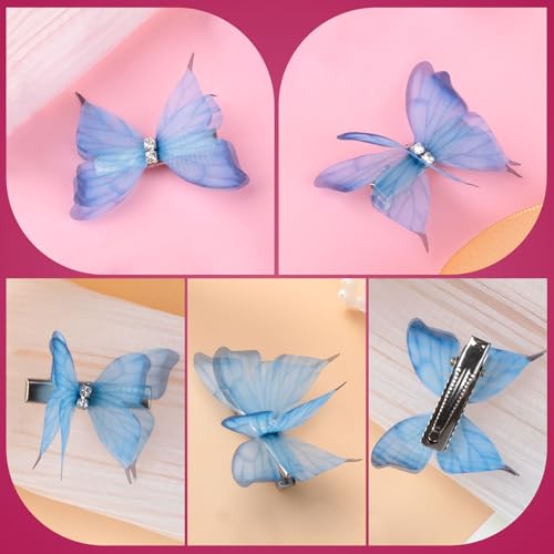 SmallCat 5pcs Gradient Blue Butterfly Hair Barrettes with Rhinestone Organza