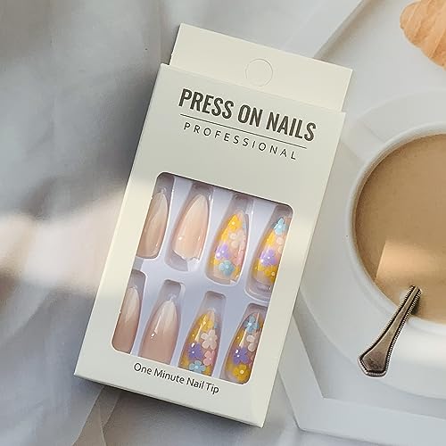 Vezocim Floral Press On Nails Oval Glossy Nude Fake Nails Acrylic Set