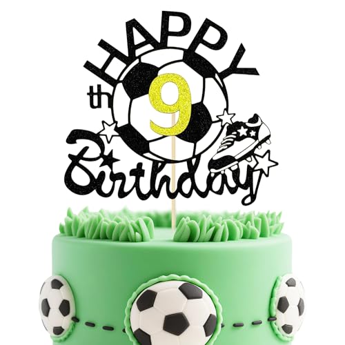 Soccer Ball Cake Topper for 9th Birthday - Black Glitter Decoration