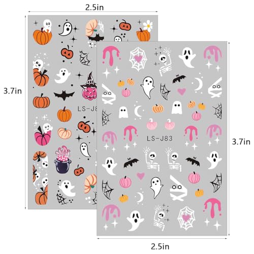 Halloween Nail Stickers 4 Sheets - Cute Ghost Skull Pumpkin 3D Self-Adhesive Decals for DIY Manicure