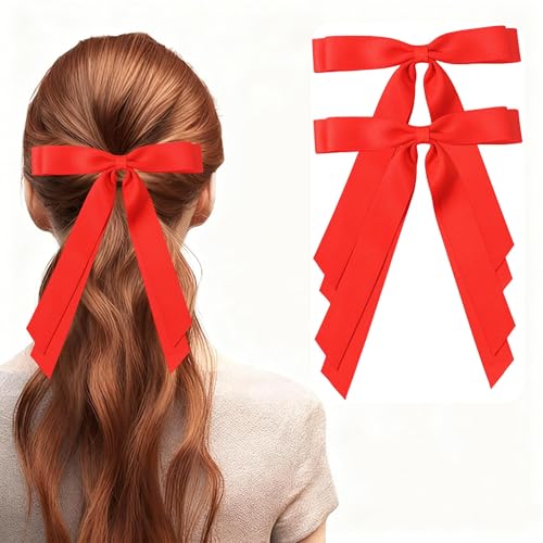 Dladhict Red Satin Hair Bow Clips with Long Ribbons for Women & Girls