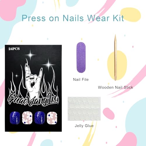 Short Square Press On Nails Dark Blue Floral Glitter False Nails