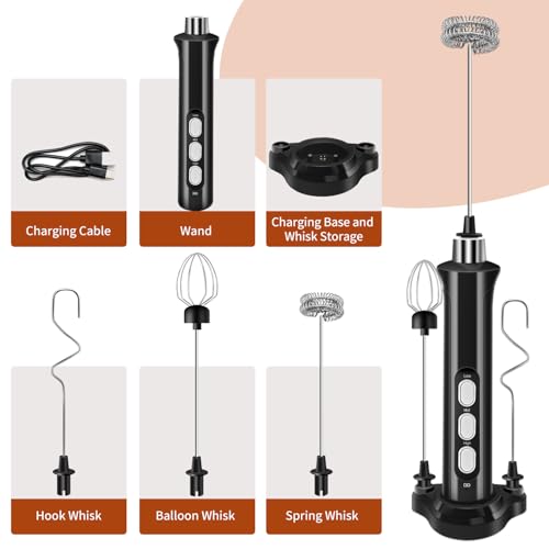 Rechargeable Handheld Milk Frother with 3 Speed Settings & Detachable Stainless Steel Whisks