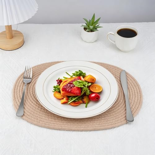 Brown Handmade Boho Placemats Set of 6 Oval - Natural Woven Cotton Farmhouse Table Mats for Dining, Fall, Halloween, Thanksgiving, Christmas
