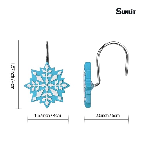 Sunlit Blue/White Snowflake Christmas Shower Curtain Hooks - 12 Pack