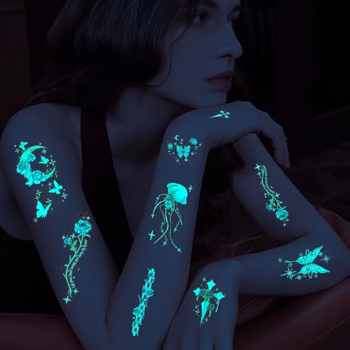 Konsait Glow in the Dark Temporary Tattoos 18 Sheets Flower Butterfly